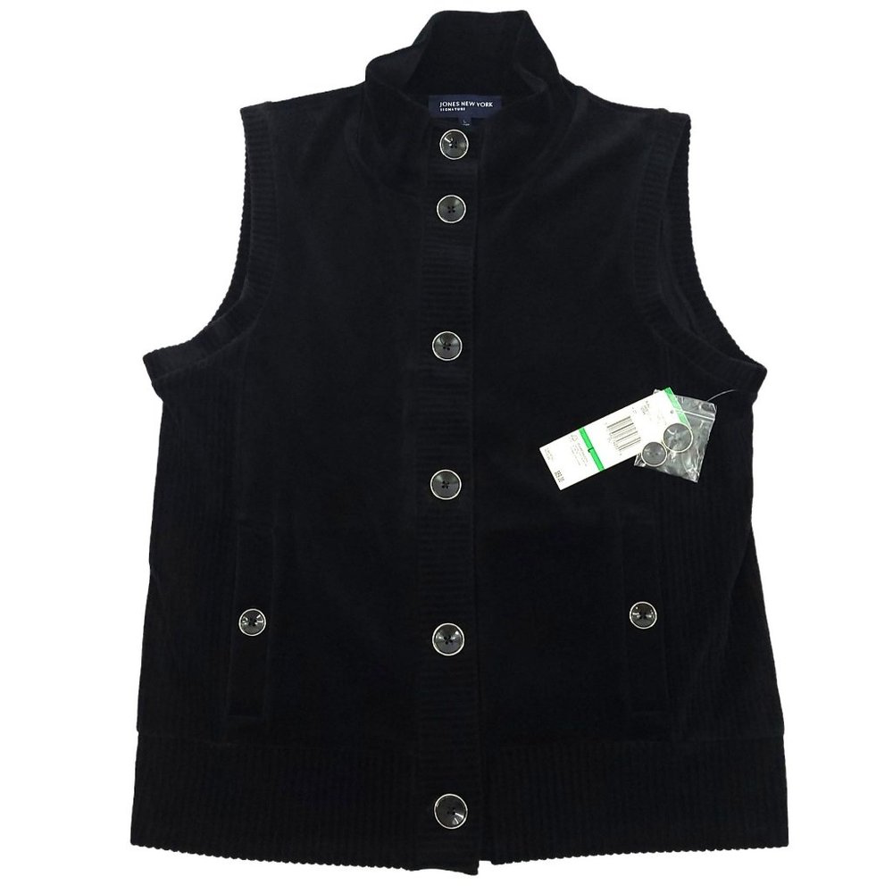 Jones New York Signature Velour Vest Womens Size L Button Front Ribbed Black NEW